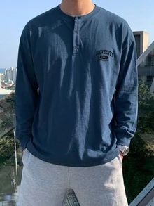 DAZY 春秋款男士海軍藍長袖收口鬆身字母印花圓領半開鈕扣T恤 - 藍色 - 查看 6