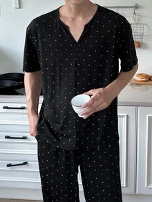 DAZY 春季黑色針織波點舒適面料T恤配彈性腰長褲男士居家休閒套裝 - 黑色 - 查看 7