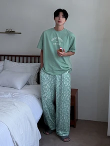 DAZY Spring Short Sleeve Blue-Green T-Shirt With White Letter Print Paired With Floral Print Long Pants Men's Loungewear Set - Multicolor - View 3