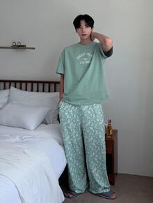 DAZY Spring Short Sleeve Blue-Green T-Shirt With White Letter Print Paired With Floral Print Long Pants Men's Loungewear Set - Multicolor - View 4