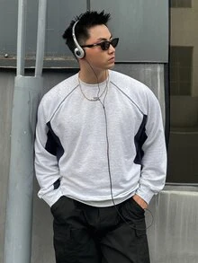 DAZY Spring/Autumn Grey & Navy Blue Colorblock Letter Print Back Patch Raglan Sleeve Loose Ribbed Hem Pullover Sweatshirt For Men - Grey - View 6