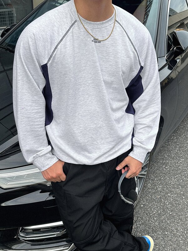 DAZY Spring/Autumn Grey & Navy Blue Colorblock Letter Print Back Patch Raglan Sleeve Loose Ribbed Hem Pullover Sweatshirt For Men