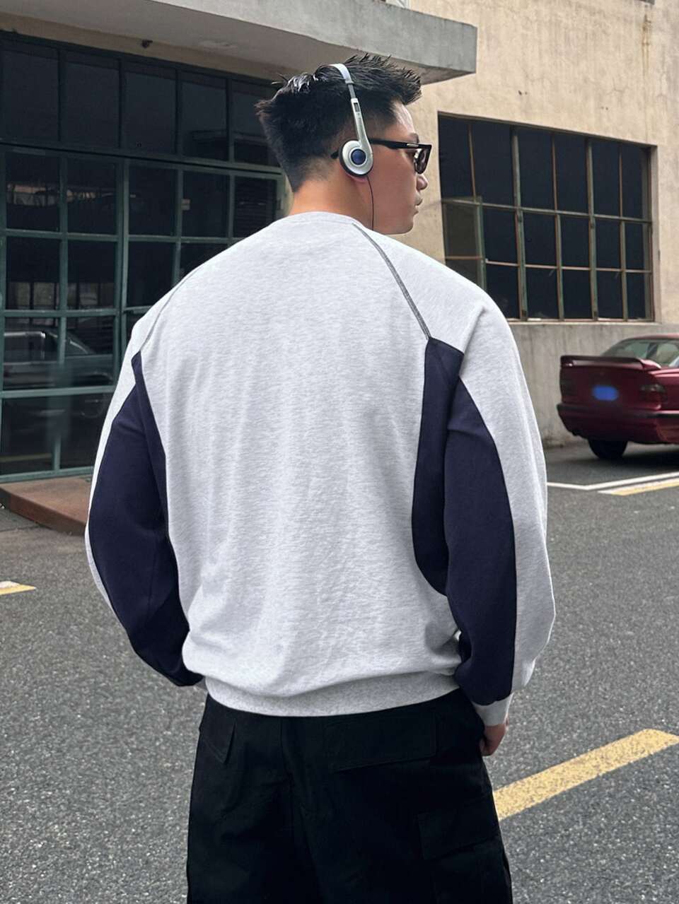 Spring/Autumn Grey & Navy Blue Colorblock Letter Print Back Patch Raglan Sleeve Loose Ribbed Hem Pullover Sweatshirt For Men