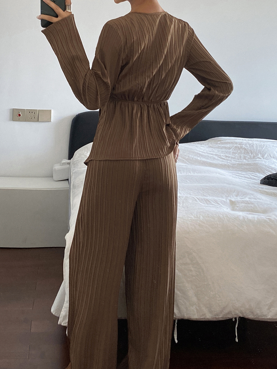Solid Color Textured Fabric Fitted Asymmetric Collar Tie Long Sleeve Shirt & Wide Leg Pants Elegant Formal Commute Spring Autumn 2-Piece Set For Women