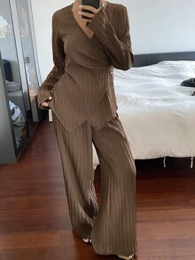 DAZY Solid Color Textured Fabric Fitted Asymmetric Collar Tie Long Sleeve Shirt & Wide Leg Pants Elegant Formal Commute Spring Autumn 2-Piece Set For Women - Brown - View 5