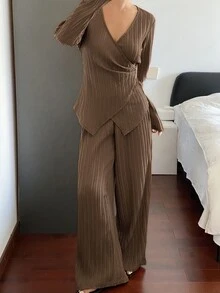 DAZY Solid Color Textured Fabric Fitted Asymmetric Collar Tie Long Sleeve Shirt & Wide Leg Pants Elegant Formal Commute Spring Autumn 2-Piece Set For Women - Brown - View 6