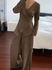 DAZY Solid Color Textured Fabric Fitted Asymmetric Collar Tie Long Sleeve Shirt & Wide Leg Pants Elegant Formal Commute Spring Autumn 2-Piece Set For Women - Brown - View 3