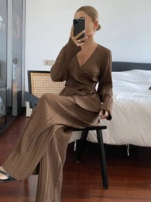 DAZY Solid Color Textured Fabric Fitted Asymmetric Collar Tie Long Sleeve Shirt & Wide Leg Pants Elegant Formal Commute Spring Autumn 2-Piece Set For Women - Brown - View 4