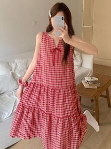 DAZY Plaid Tie Neck Ruffle Hem Lounge Dress - Red - View 6