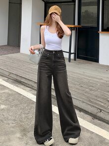 DAZY Minimalist & Fashionable Wide Leg Jeans, Casual Suitable For Outdoor Outing Low Rise Jeans Cute Tops - Grey - View 2