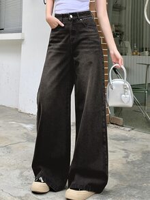 DAZY Minimalist & Fashionable Wide Leg Jeans, Casual Suitable For Outdoor Outing Low Rise Jeans Cute Tops - Grey - View 3