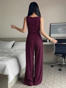 DAZY 2pcs/Set Women Sleeveless Solid Color Straight Leg Long Pajama Pants & Cardigan Homewear Set, Summer - Burgundy - View 2