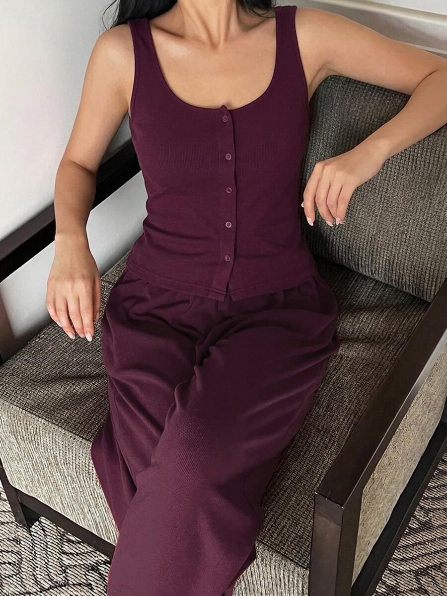 DAZY 2pcs/Set Women Sleeveless Solid Color Straight Leg Long Pajama Pants & Cardigan Homewear Set, Summer - Burgundy - View 1