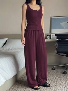 DAZY 2pcs/Set Women Sleeveless Solid Color Straight Leg Long Pajama Pants & Cardigan Homewear Set, Summer - Burgundy - View 5
