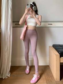 DAZY 女款純色高腰舒適健身緊身褲 秋季學校穿著 - 粉色 - 查看 6