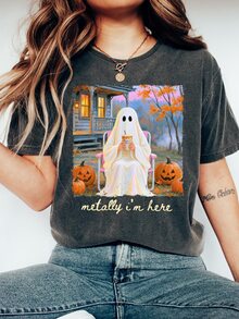EMERY ROSE Halloween Ghost Pumpkin Girl T-Shirt, Halloween T-Shirt, Women's Autumn And Winter Clothing - Dark Grey - View 4