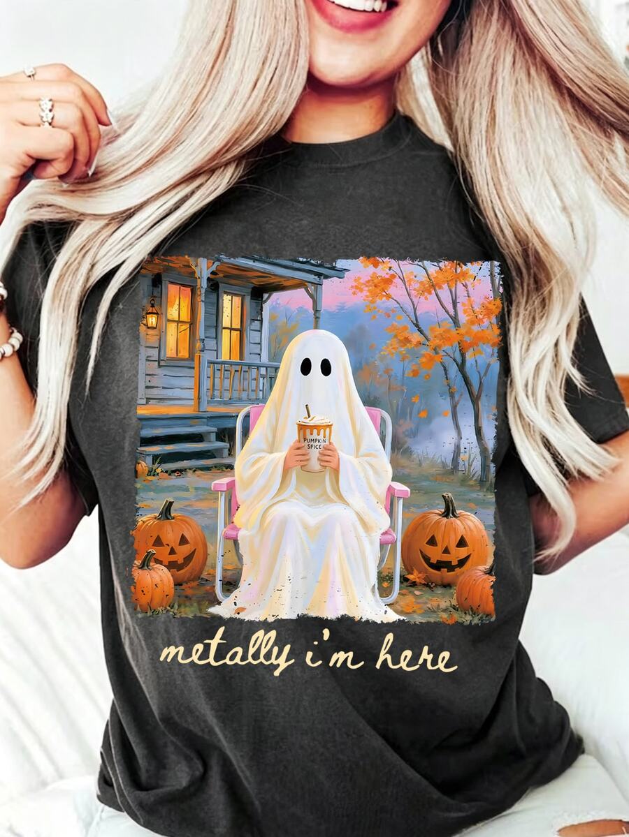 EMERY ROSE Halloween Ghost Pumpkin Girl T-Shirt, Halloween T-Shirt, Women's Autumn And Winter Clothing - Dark Grey - View 1