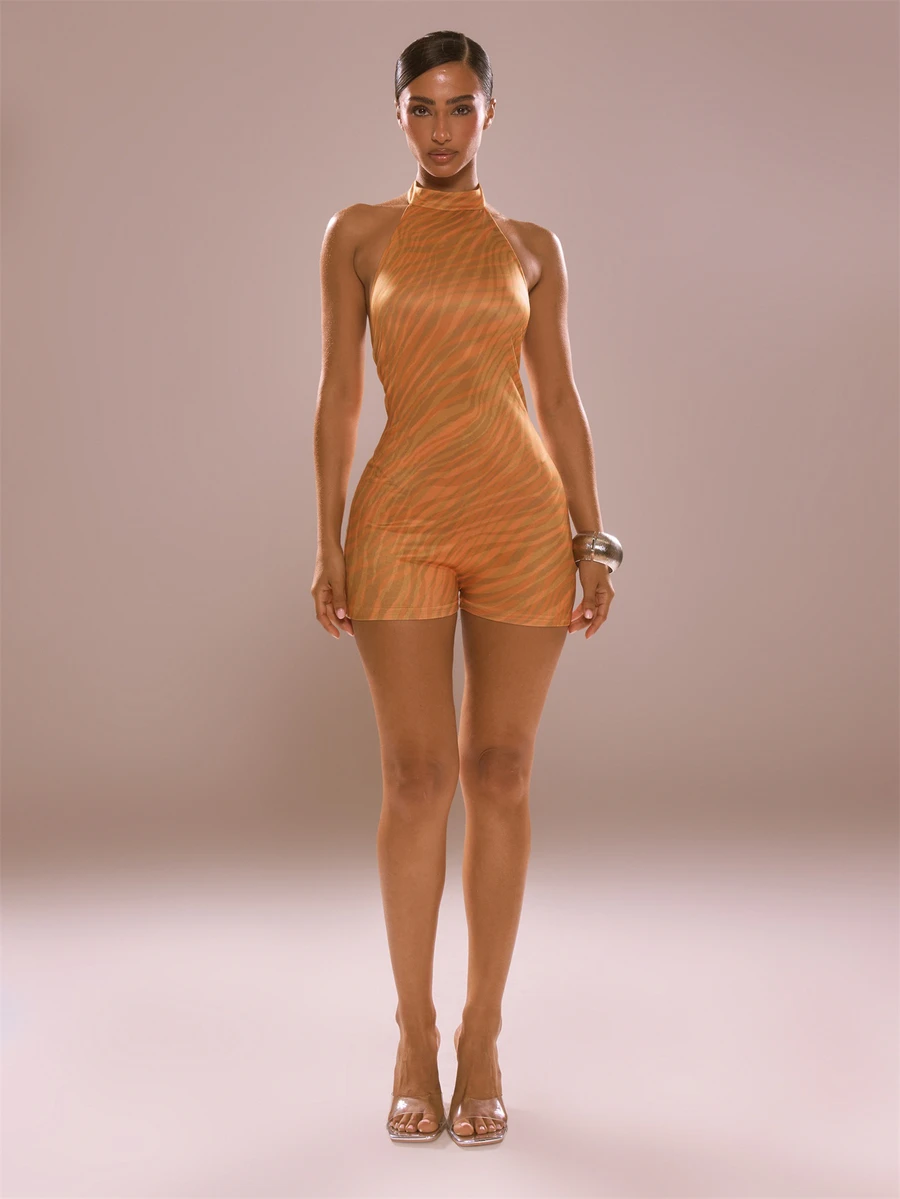 MUSERA Orange Zebra Print Mesh Unitard Playsuit Summer Party Club Fun Festival Women Clothing Sexy - Multicolor - View 1