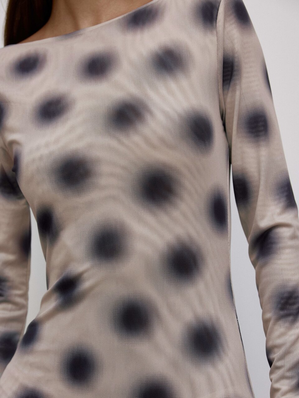 Beige And Black Blurred Polka Dot Boat Neck Long Sleeve Capri Jumpsuit