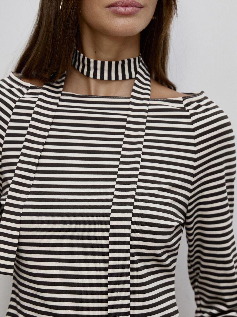 Brown And White Striped Cutout Asymmetric Neck Tie Long Sleeve Top