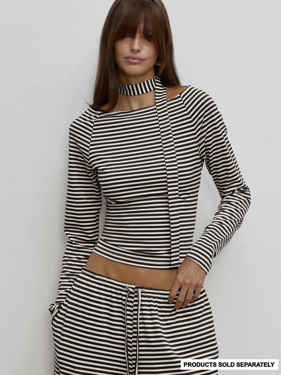 Brown And White Striped Cutout Asymmetric Neck Tie Long Sleeve Top