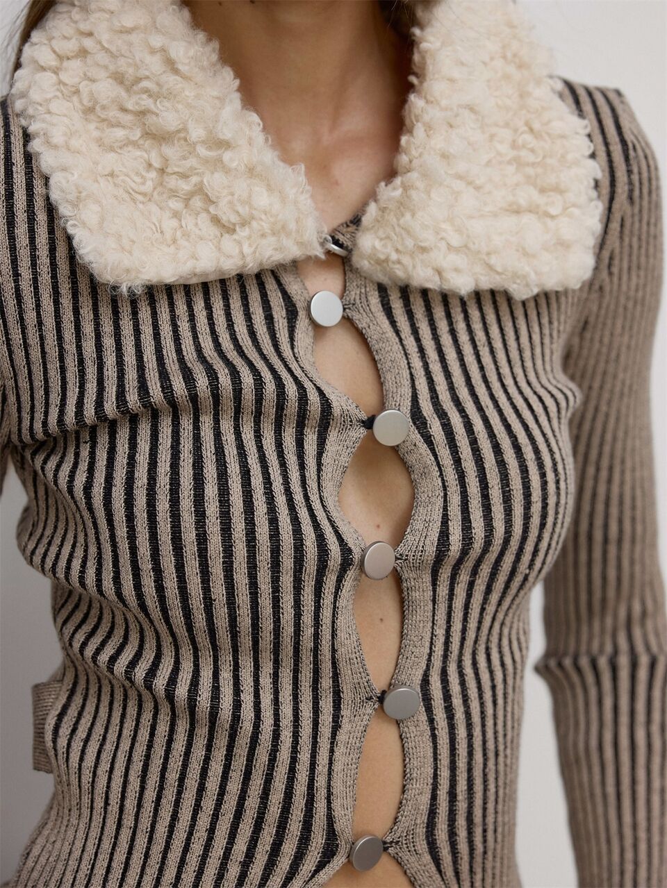 Beige Striped Faux Fur Trim Collar Ribbed Knit Cardigan Top