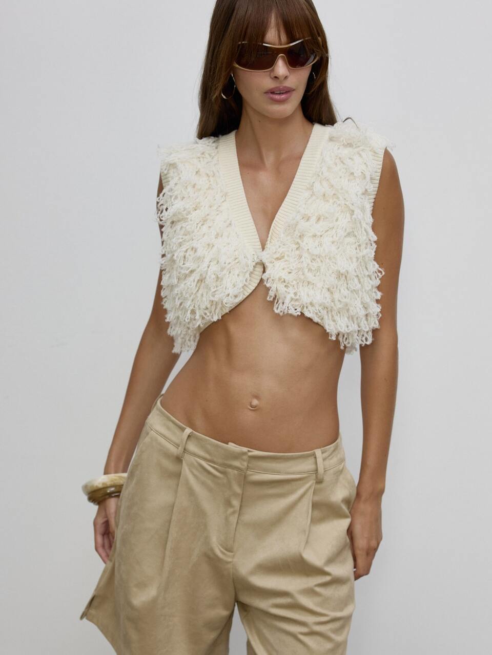 Zotteliger Schlaufenstrick V-Ausschnitt Crop Pullover Weste Herbst süß täglicher Mädchenhafter süßer Unfug