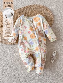 SHEIN 新生女嬰可愛蝴蝶結印花針織軟綿休閒圓領長袖連身連腳褲，柔軟舒適，情人節穿搭，情人節禮物 - 彩色 - 查看 4