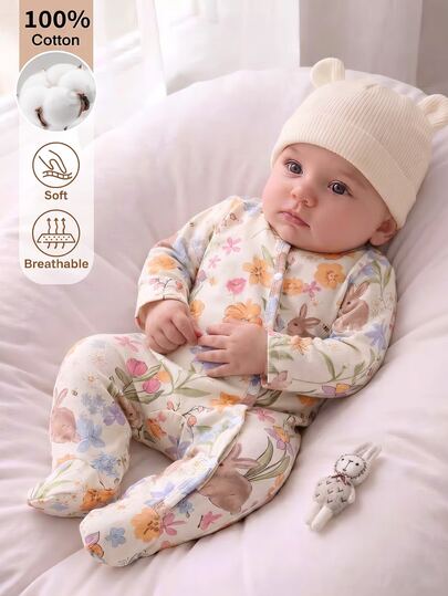 SHEIN Newborn Baby Girl Cute Bow Print Pattern Knitted Soft Casual Crew Neck Long Sleeve Footed Romper, Soft And Comfortable, Valentine's Day Outfit, Valentine's Day Gift