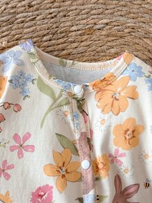 SHEIN 新生女嬰可愛蝴蝶結印花針織軟綿休閒圓領長袖連身連腳褲，柔軟舒適，情人節穿搭，情人節禮物 - 彩色 - 查看 7