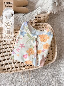 SHEIN 新生女嬰可愛蝴蝶結印花針織軟綿休閒圓領長袖連身連腳褲，柔軟舒適，情人節穿搭，情人節禮物 - 彩色 - 查看 6