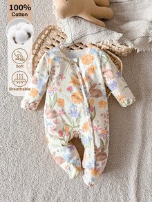 SHEIN 新生女嬰可愛蝴蝶結印花針織軟綿休閒圓領長袖連身連腳褲，柔軟舒適，情人節穿搭，情人節禮物 - 彩色 - 查看 9