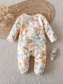 SHEIN 新生女嬰可愛蝴蝶結印花針織軟綿休閒圓領長袖連身連腳褲，柔軟舒適，情人節穿搭，情人節禮物 - 彩色 - 查看 3