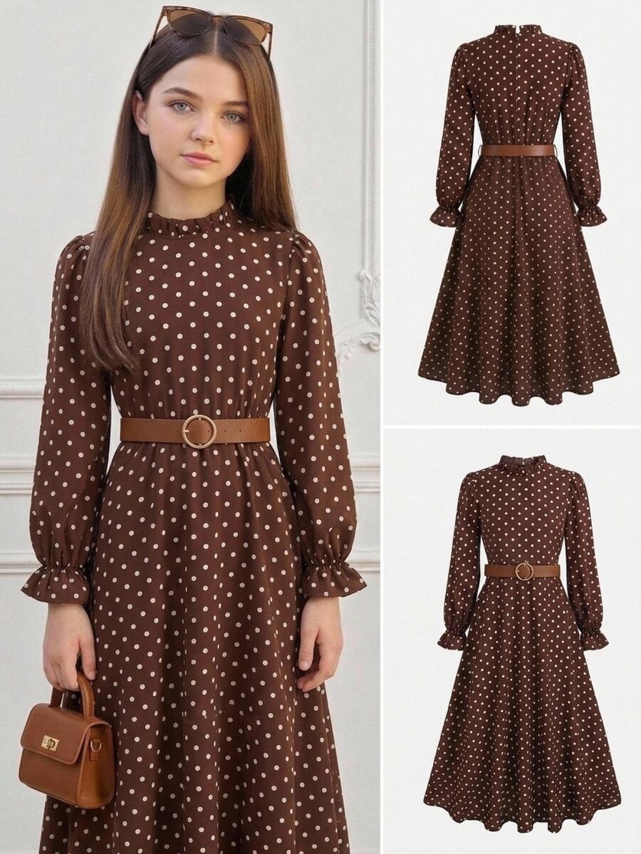 SHEIN Tween Girl Polka Dot Kids Print Flounce Sleeve Tiered Hem Dress Without Belt - Brown - View 1