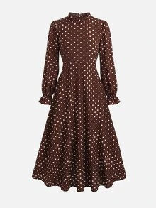 SHEIN 少女波點印花荷葉袖層次下擺洋裝（無腰帶） - 棕色 - 查看 2