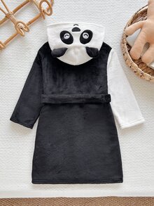 SHEIN 小男孩兒童款毛絨拼接色熊貓刺繡連帽休閒開襟衫 秋冬家居服 - 黑與白 - 查看 2