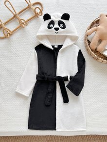 SHEIN 小男孩兒童款毛絨拼接色熊貓刺繡連帽休閒開襟衫 秋冬家居服 - 黑與白 - 查看 1