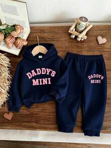 Baby Girl Knit Soft Hooded Casual Minimalist Loose Long Sleeve Thick Sweatshirt & Pants Set, Suitable For Autumn/Winter - Navy Blue - View 3