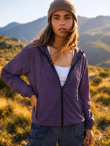 WanderVale Women's Solid Color Long Sleeve Zipper Front Hooded Sun Protection Jacket - Purple - View 1