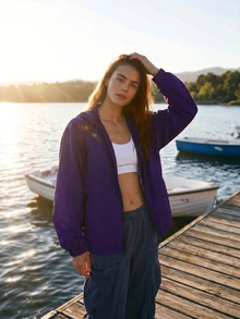 WanderVale Women's Solid Color Long Sleeve Zipper Front Hooded Sun Protection Jacket - Purple - View 5