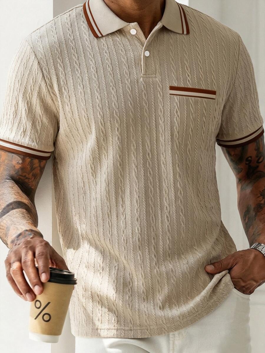 Manfinity CasualCool 男士條紋短袖休閒通勤 Polo 衫 - 卡其色 - 查看 1