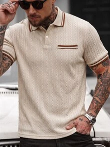Manfinity CasualCool 男士條紋短袖休閒通勤 Polo 衫 - 卡其色 - 查看 3
