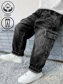 Genkimix Kids 小男孩休閒運動工裝風牛仔褲 1件 水洗黑色丹寧 雙側大口袋 鬆緊腰 寬鬆舒適 適合四季 日常出遊 上學通勤 戶外玩耍 公園散步 - 黑色 - 查看 1