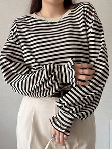 Dazy Plus Round Neck Striped Loose Flare Cuff Casual T-Shirt For Girls, Spring/Plus Size Autumn Oversized T Shirts For Women - Black and White - View 1