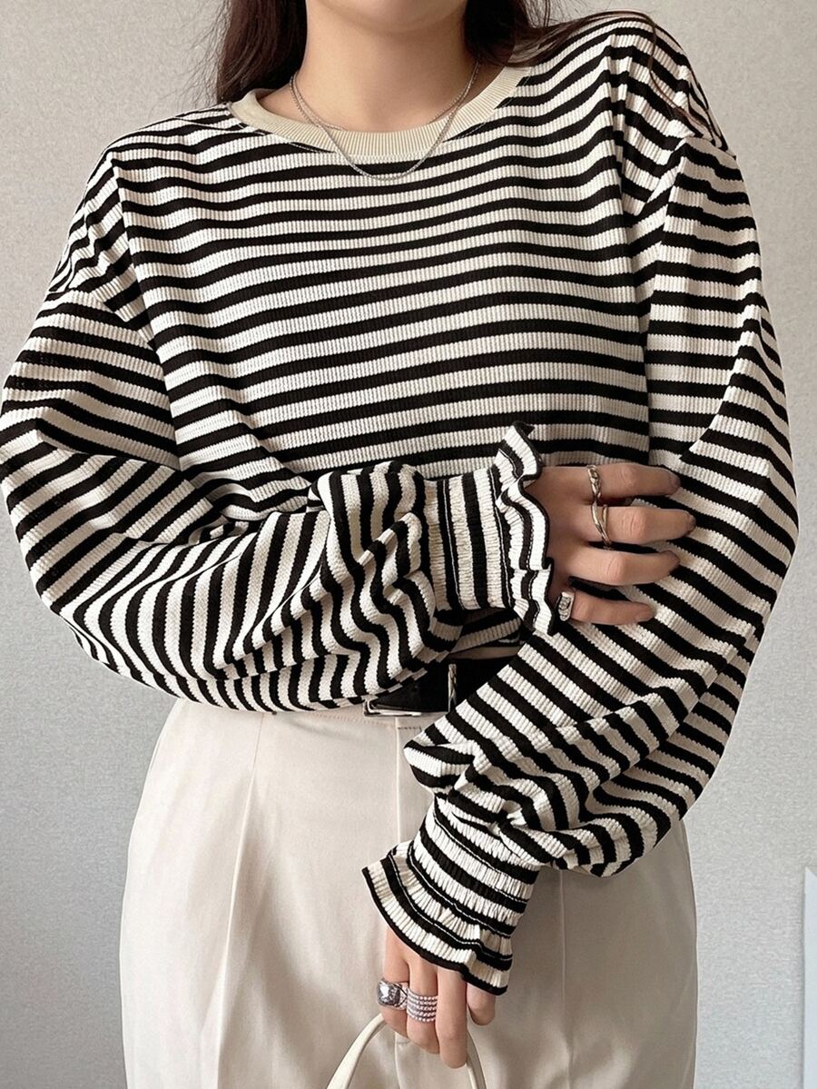 Dazy Plus Round Neck Striped Loose Flare Cuff Casual T-Shirt For Girls, Spring/Plus Size Autumn Oversized T Shirts For Women - Black and White - View 1