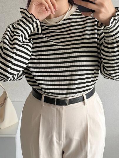 Dazy Plus Kaos Kasual Longgar Bergaris Leher Bulat dengan Manset Mengembang untuk Anak Perempuan, Kaos Oversize Musim Semi/Musim Gugur untuk Wanita