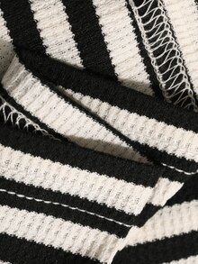 Dazy Plus Round Neck Striped Loose Flare Cuff Casual T-Shirt For Girls, Spring/Plus Size Autumn Oversized T Shirts For Women - Black and White - View 6