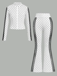 SHEIN 青少年女孩 1件波點對比側縫假領夾克 & 1件喇叭褲 - 白色 - 查看 2