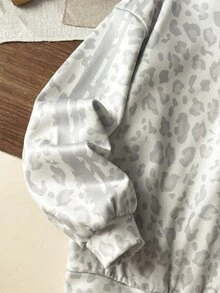 SHEIN 青少年女孩秋冬休閒街頭風豹紋馬標對比色織帶連帽抓絨加厚衛衣，Y2K青春時尚穿搭，適合返校與日常穿著 - 灰色 - 查看 8