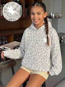 SHEIN 青少年女孩秋冬休閒街頭風豹紋馬標對比色織帶連帽抓絨加厚衛衣，Y2K青春時尚穿搭，適合返校與日常穿著 - 灰色 - 查看 5